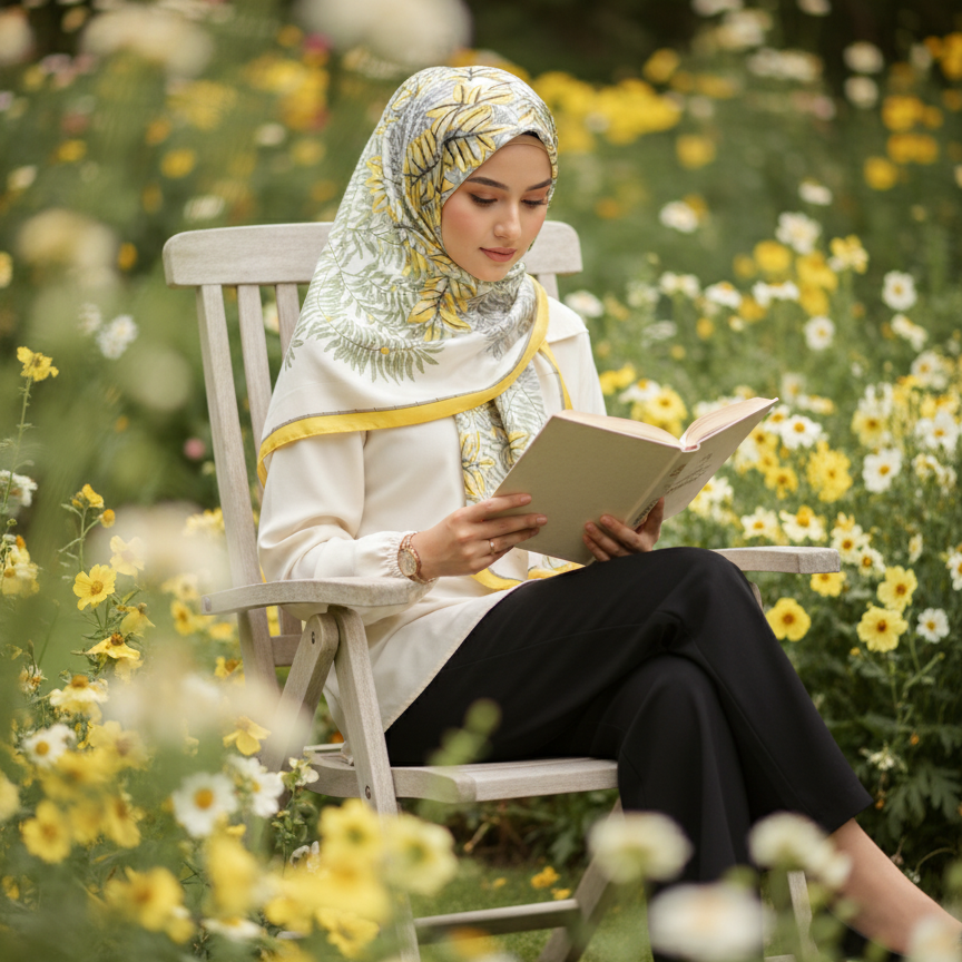 Galaxy Shine Premium Silk Scarf – White Printed Hijab