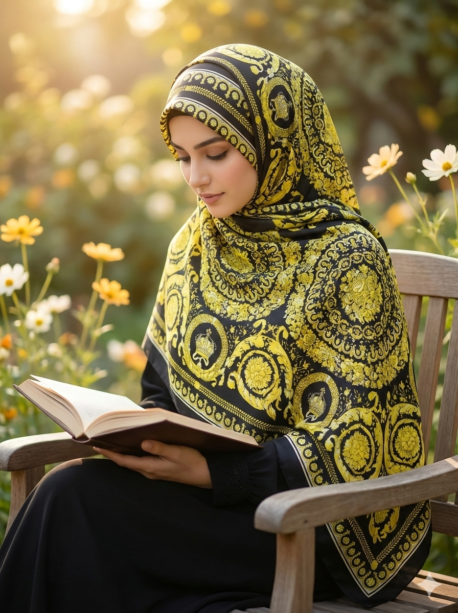 Galaxy Shine Premium Silk Scarf – Black Printed Hijab