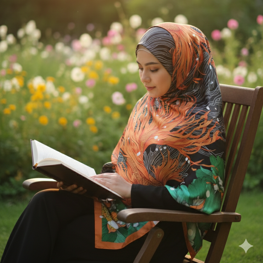 Galaxy Shine Premium Silk Scarf – Black Printed Hijab