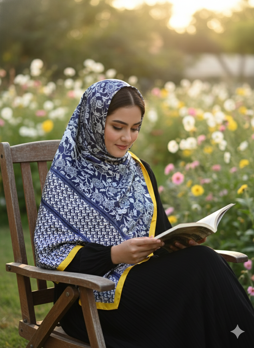 Galaxy Shine Premium Silk Scarf – Blue Printed Hijab