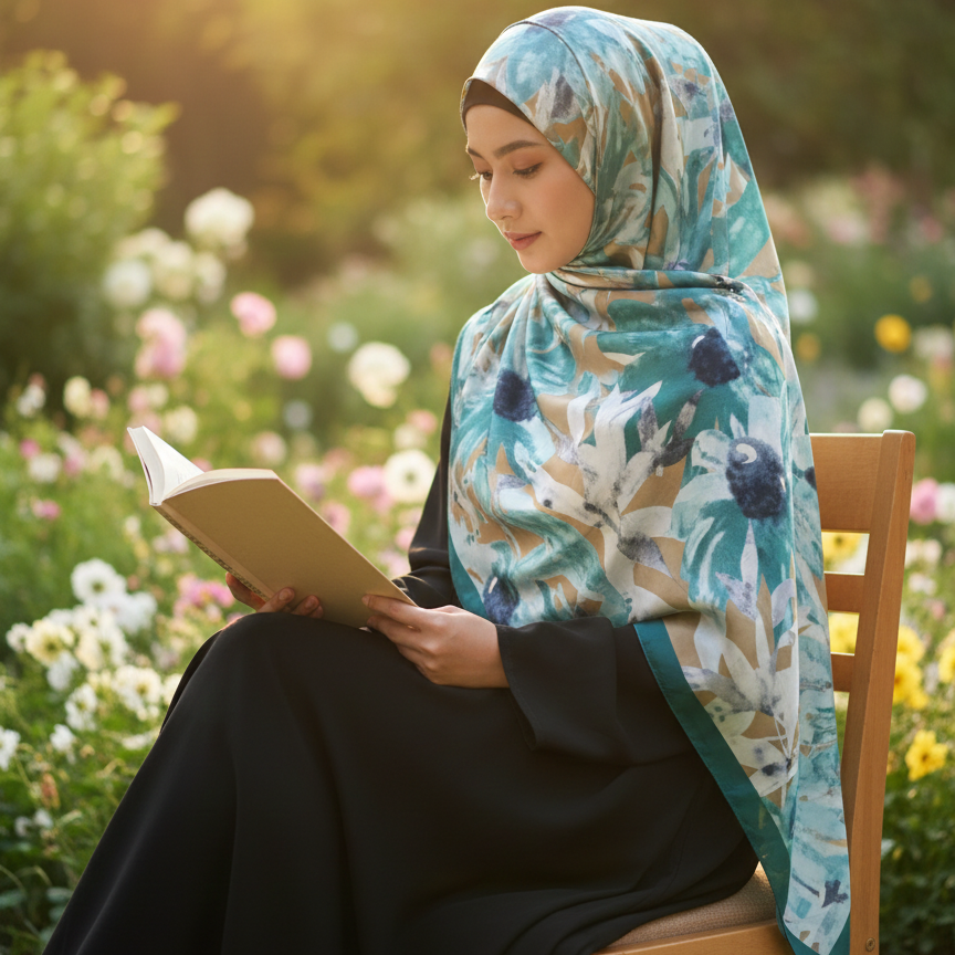 Galaxy Shine Premium Silk Scarf – Green Printed Hijab