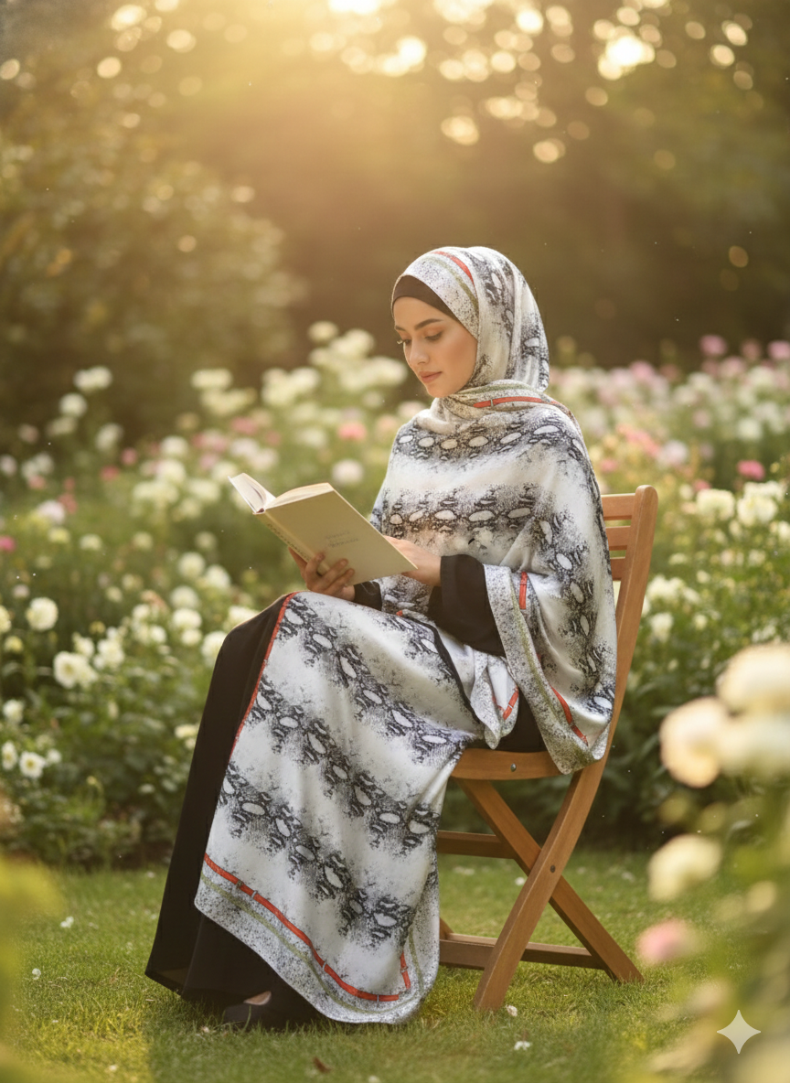 Galaxy Shine Premium Silk Scarf – Black and white Printed Hijab
