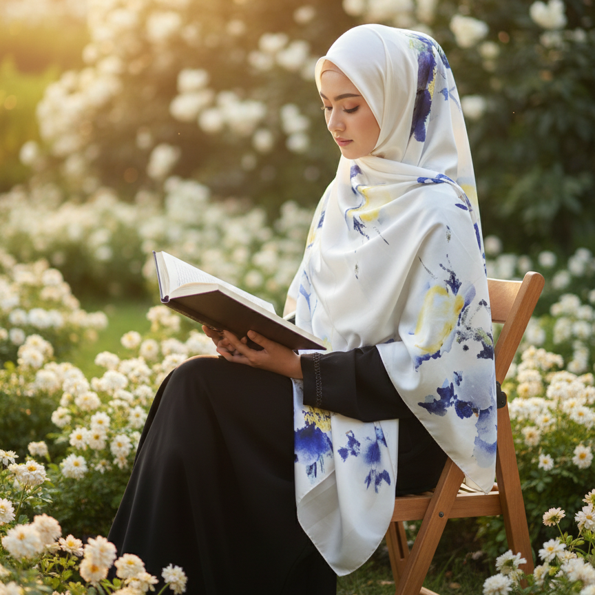 Galaxy Shine Premium Silk Scarf – White Printed Hijab