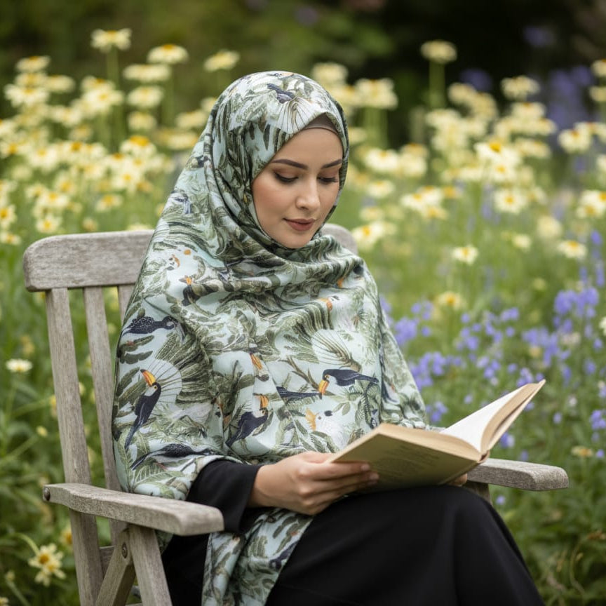 Galaxy Shine Premium Silk Scarf – Green Printed Hijab