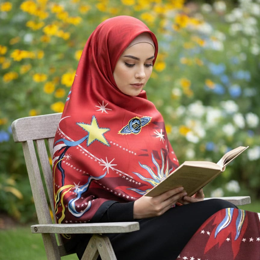 Galaxy Shine Premium Silk Scarf – Red Printed Hijab