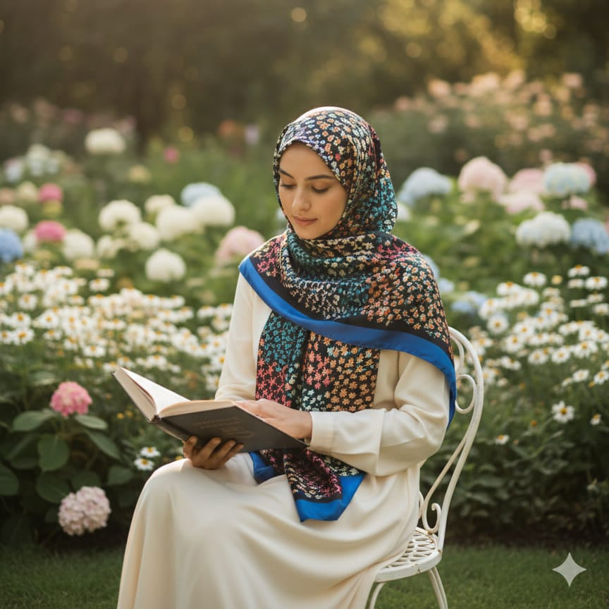 Galaxy Shine Premium Silk Scarf – Black Printed Hijab