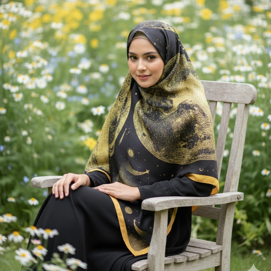 Galaxy Shine Premium Silk Scarf – Black Printed Hijab